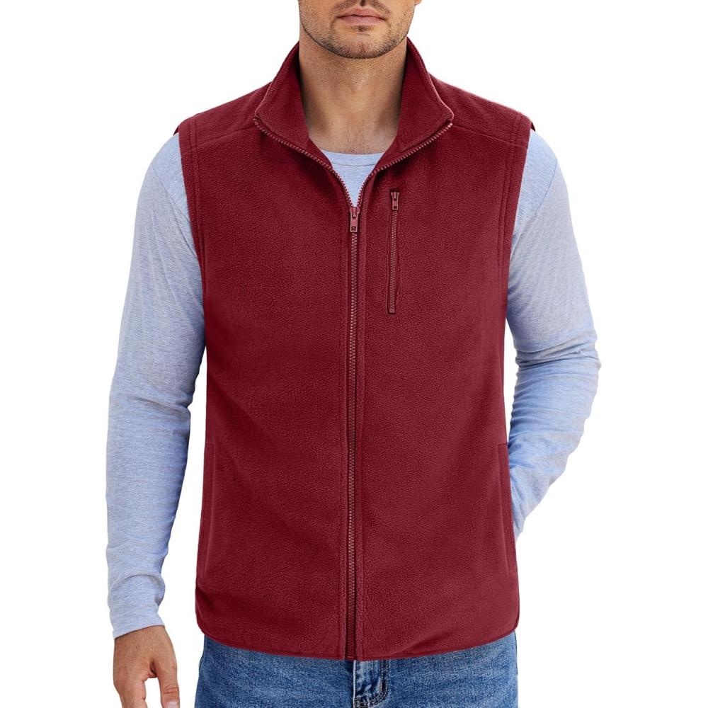 imageCOOFANDY Mens Lightweight Fleece Vest Sleeveless Zip Up Warm Jacket Casual Outerwear Vests With PocketsWine Red