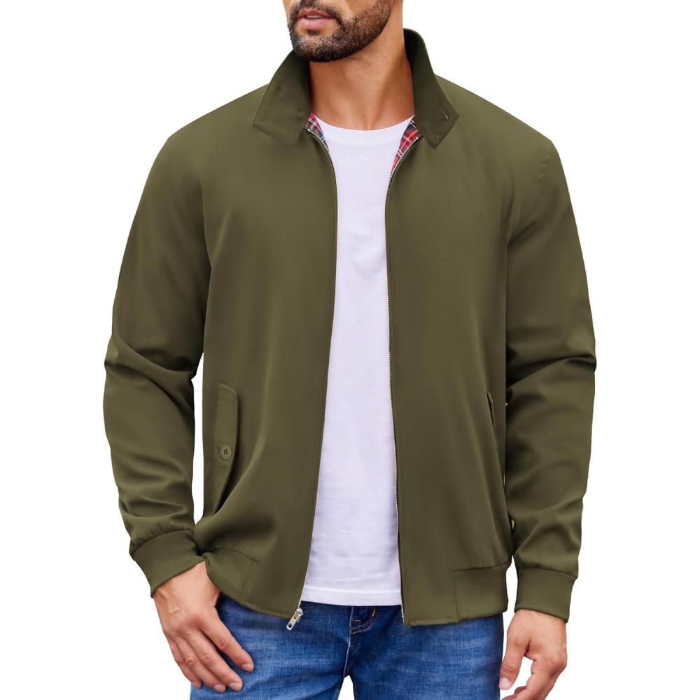 imageCOOFANDY Mens Lightweight Jackets Casual Windbreaker Zip Up Coat Stand Collar Golf Jacket Stylish Fall Work BusinessArmy Green