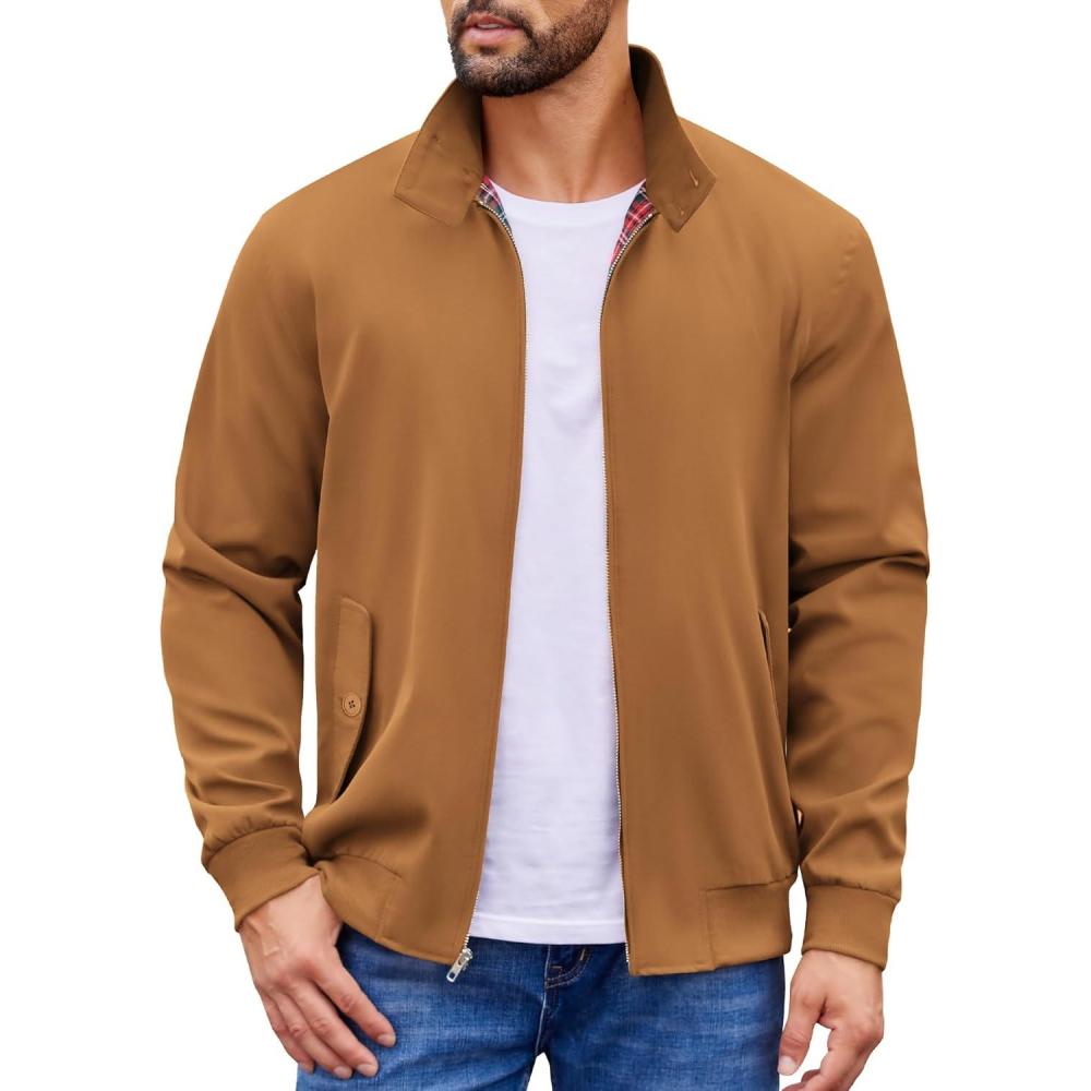 imageCOOFANDY Mens Lightweight Jackets Casual Windbreaker Zip Up Coat Stand Collar Golf Jacket Stylish Fall Work BusinessBrown