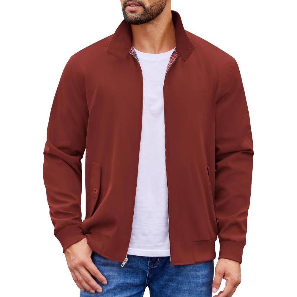 imageCOOFANDY Mens Lightweight Jackets Casual Windbreaker Zip Up Coat Stand Collar Golf Jacket Stylish Fall Work BusinessWine Red