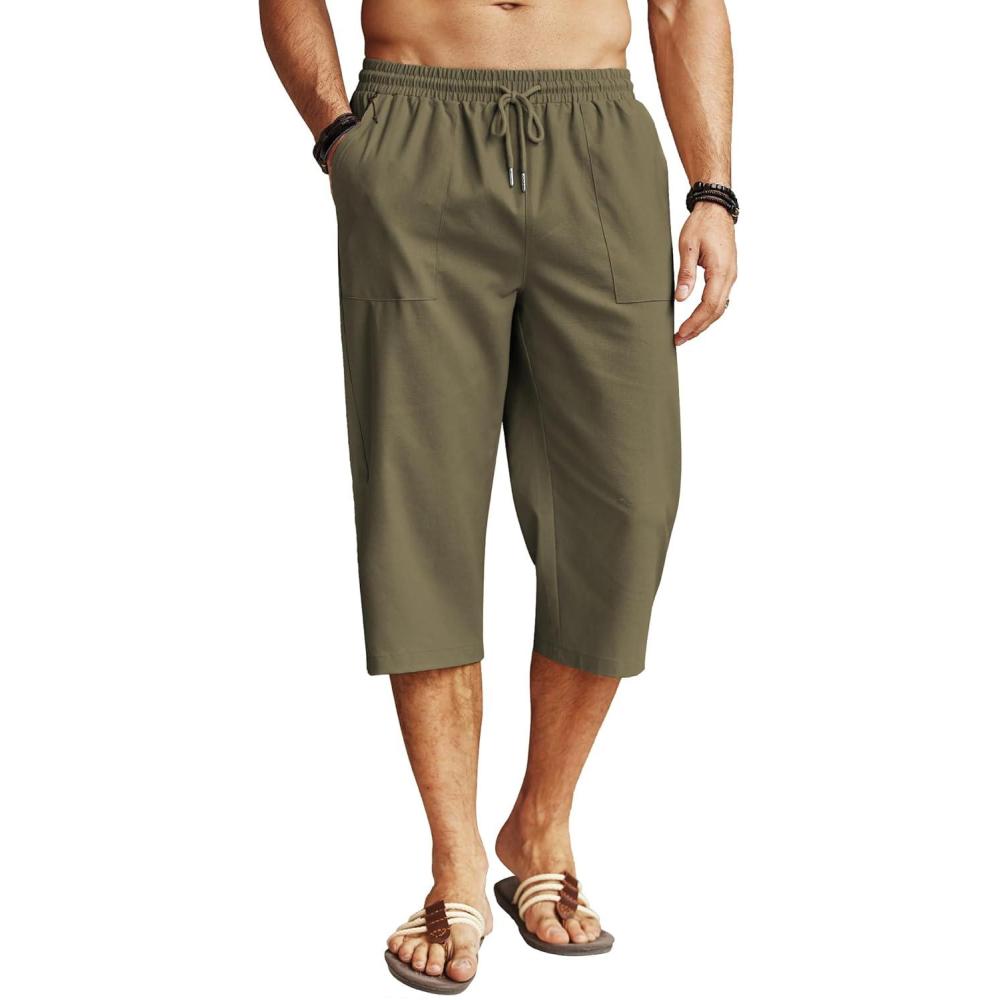 imageCOOFANDY Mens Linen Capri Pants Casual Lightweight 34 Baggy Pants Drawstring Elastic Waist Beach Yoga Pants with PocketsArmy Green