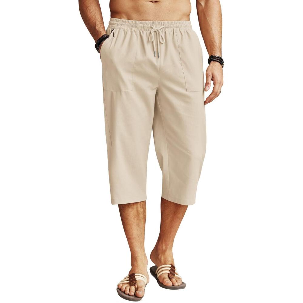imageCOOFANDY Mens Linen Capri Pants Casual Lightweight 34 Baggy Pants Drawstring Elastic Waist Beach Yoga Pants with PocketsBeige