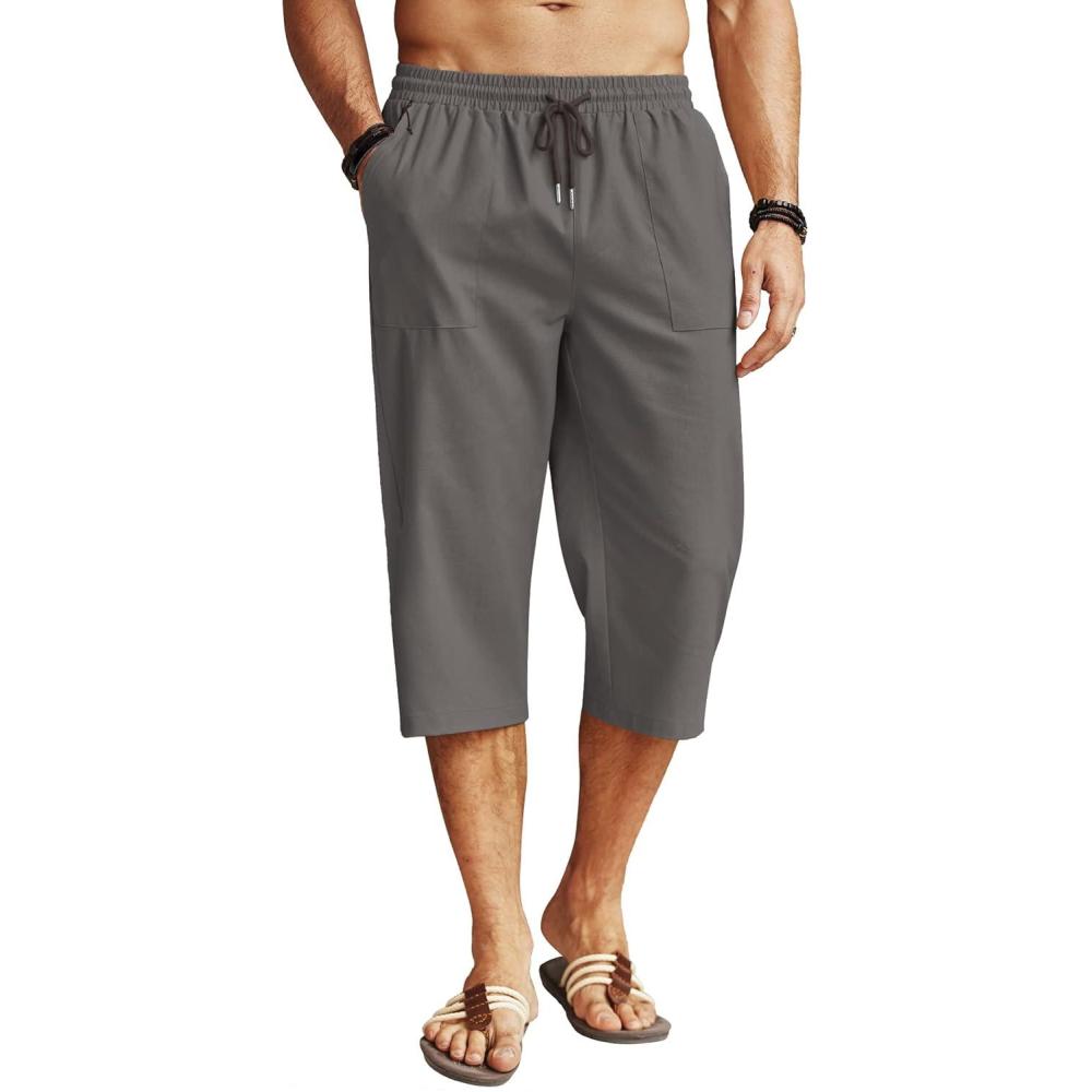 imageCOOFANDY Mens Linen Capri Pants Casual Lightweight 34 Baggy Pants Drawstring Elastic Waist Beach Yoga Pants with PocketsDark Grey