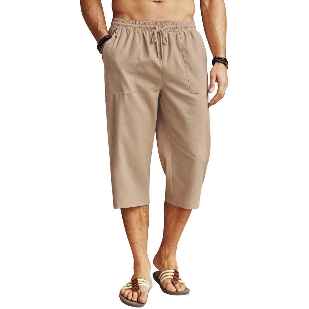 imageCOOFANDY Mens Linen Capri Pants Casual Lightweight 34 Baggy Pants Drawstring Elastic Waist Beach Yoga Pants with PocketsKhaki