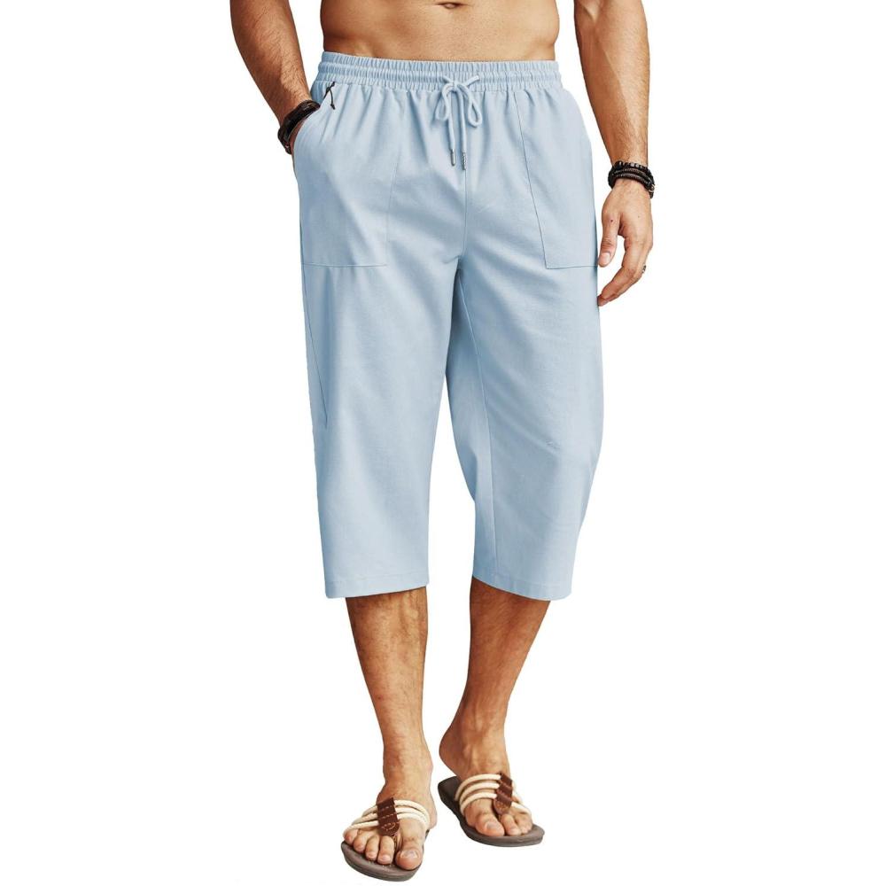 imageCOOFANDY Mens Linen Capri Pants Casual Lightweight 34 Baggy Pants Drawstring Elastic Waist Beach Yoga Pants with PocketsLight Blue