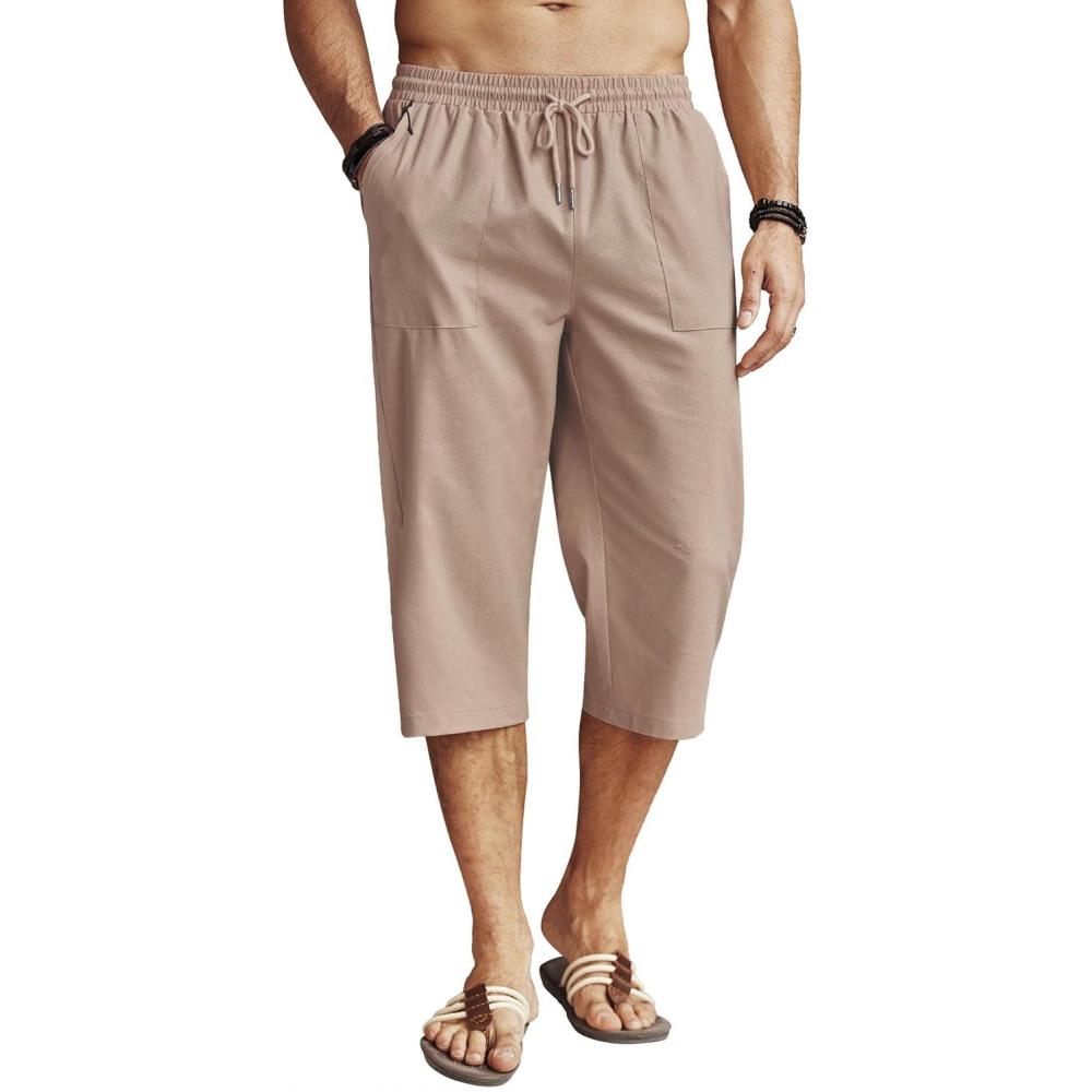 imageCOOFANDY Mens Linen Capri Pants Casual Lightweight 34 Baggy Pants Drawstring Elastic Waist Beach Yoga Pants with PocketsLight Khaki
