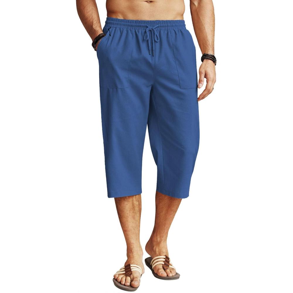 imageCOOFANDY Mens Linen Capri Pants Casual Lightweight 34 Baggy Pants Drawstring Elastic Waist Beach Yoga Pants with PocketsNavy Blue