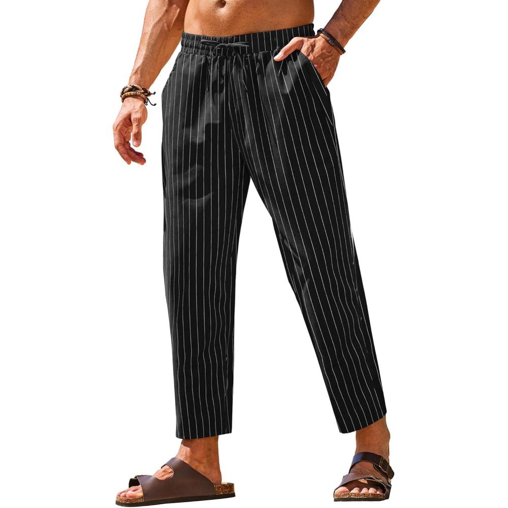 imageCOOFANDY Mens Linen Casual Pants Elastic Waist Drawstring Trousers Yoga Beach Summer PantsBlack White Stripe