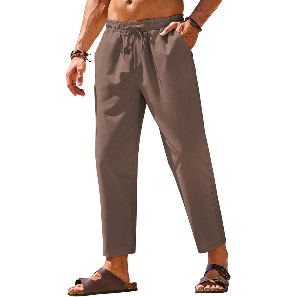 imageCOOFANDY Mens Linen Casual Pants Elastic Waist Drawstring Trousers Yoga Beach Summer PantsBrown