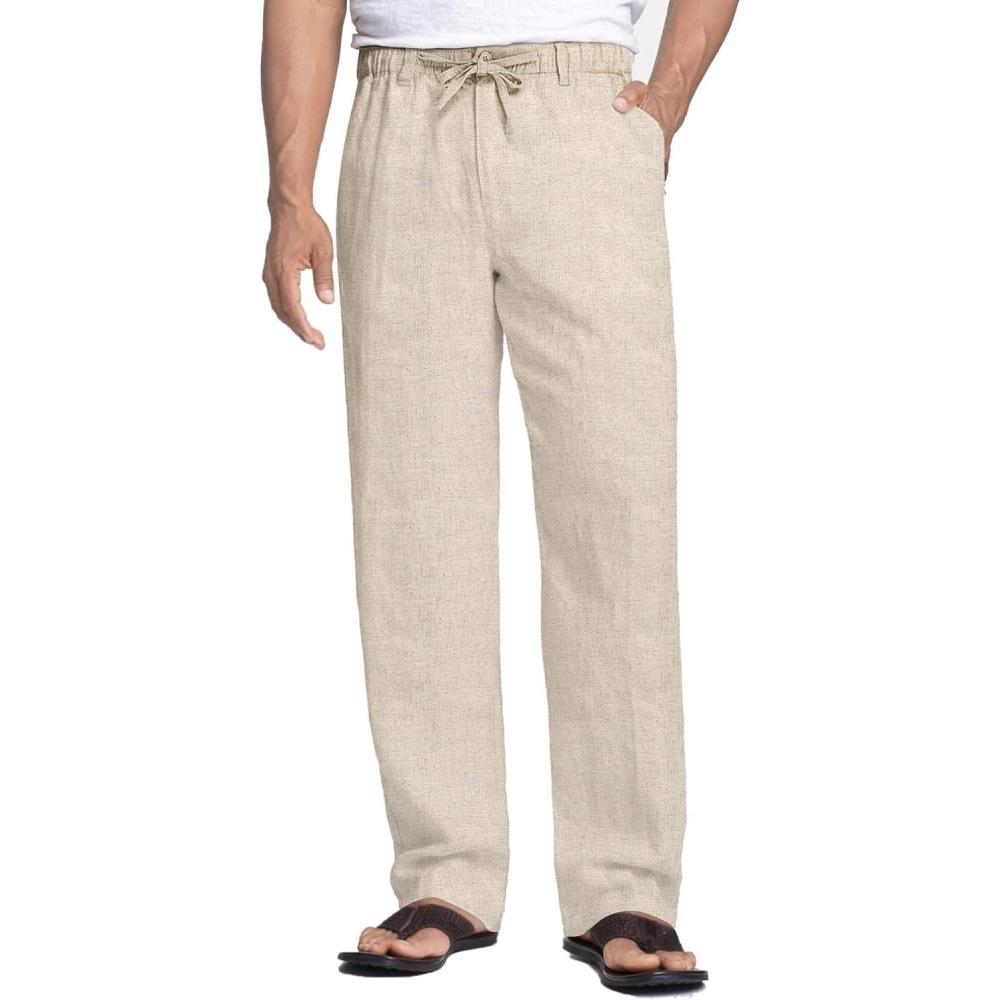 imageCOOFANDY Mens Linen Casual Pants Elastic Waist Drawstring Trousers Yoga Beach Summer PantsKhaki