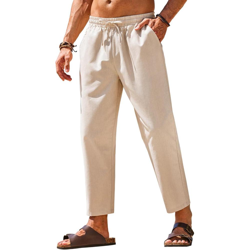 imageCOOFANDY Mens Linen Casual Pants Elastic Waist Drawstring Trousers Yoga Beach Summer PantsLight Khkai