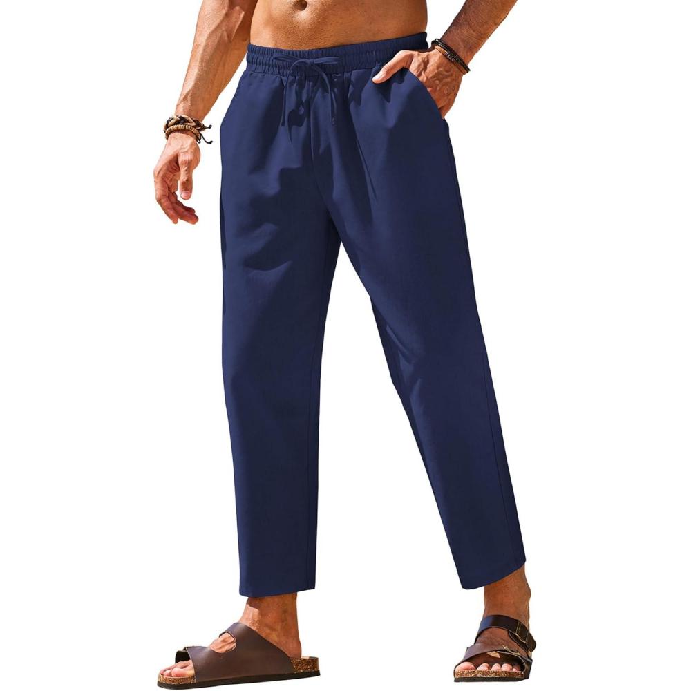 imageCOOFANDY Mens Linen Casual Pants Elastic Waist Drawstring Trousers Yoga Beach Summer PantsNavy Blue