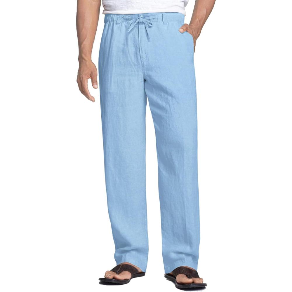 imageCOOFANDY Mens Linen Casual Pants Elastic Waist Drawstring Trousers Yoga Beach Summer PantsSky Blue