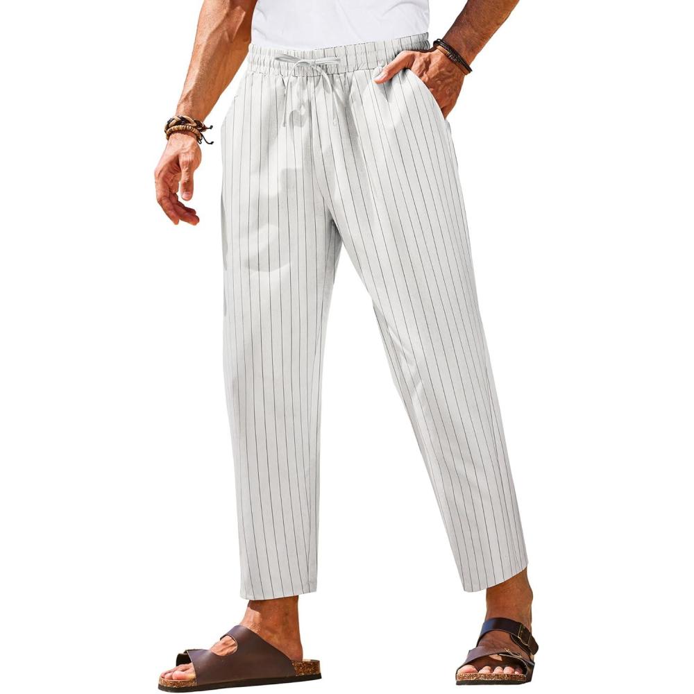 imageCOOFANDY Mens Linen Casual Pants Elastic Waist Drawstring Trousers Yoga Beach Summer PantsWhite Black Stripe