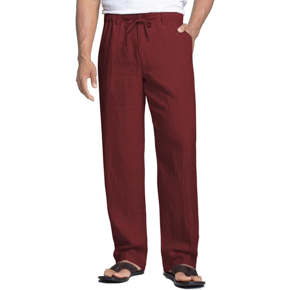 imageCOOFANDY Mens Linen Casual Pants Elastic Waist Drawstring Trousers Yoga Beach Summer PantsWine Red