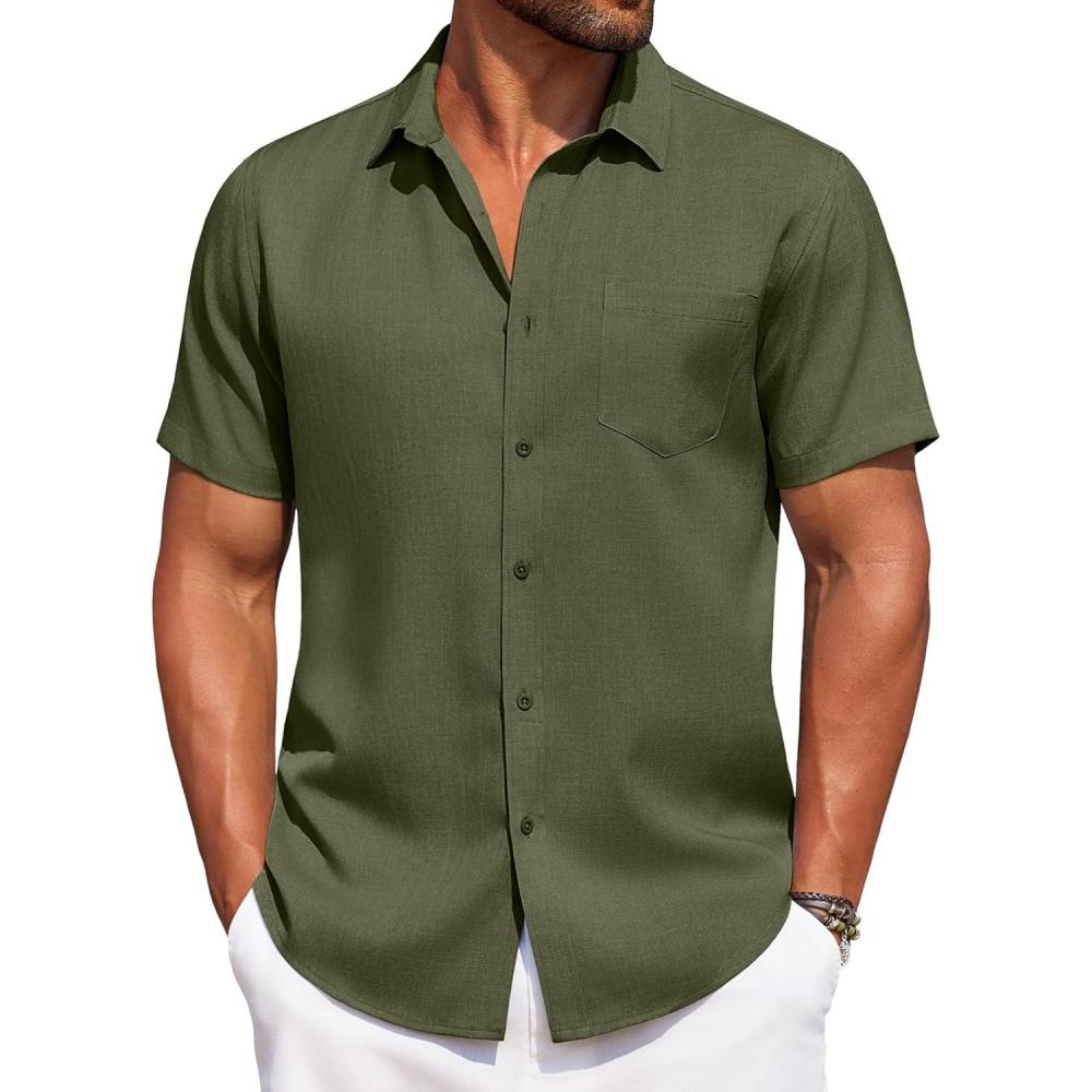 imageCOOFANDY Mens Linen Shirt Casual Short Sleeve Button Down Shirt Summer Beach Vacation Wedding WearArmy Green