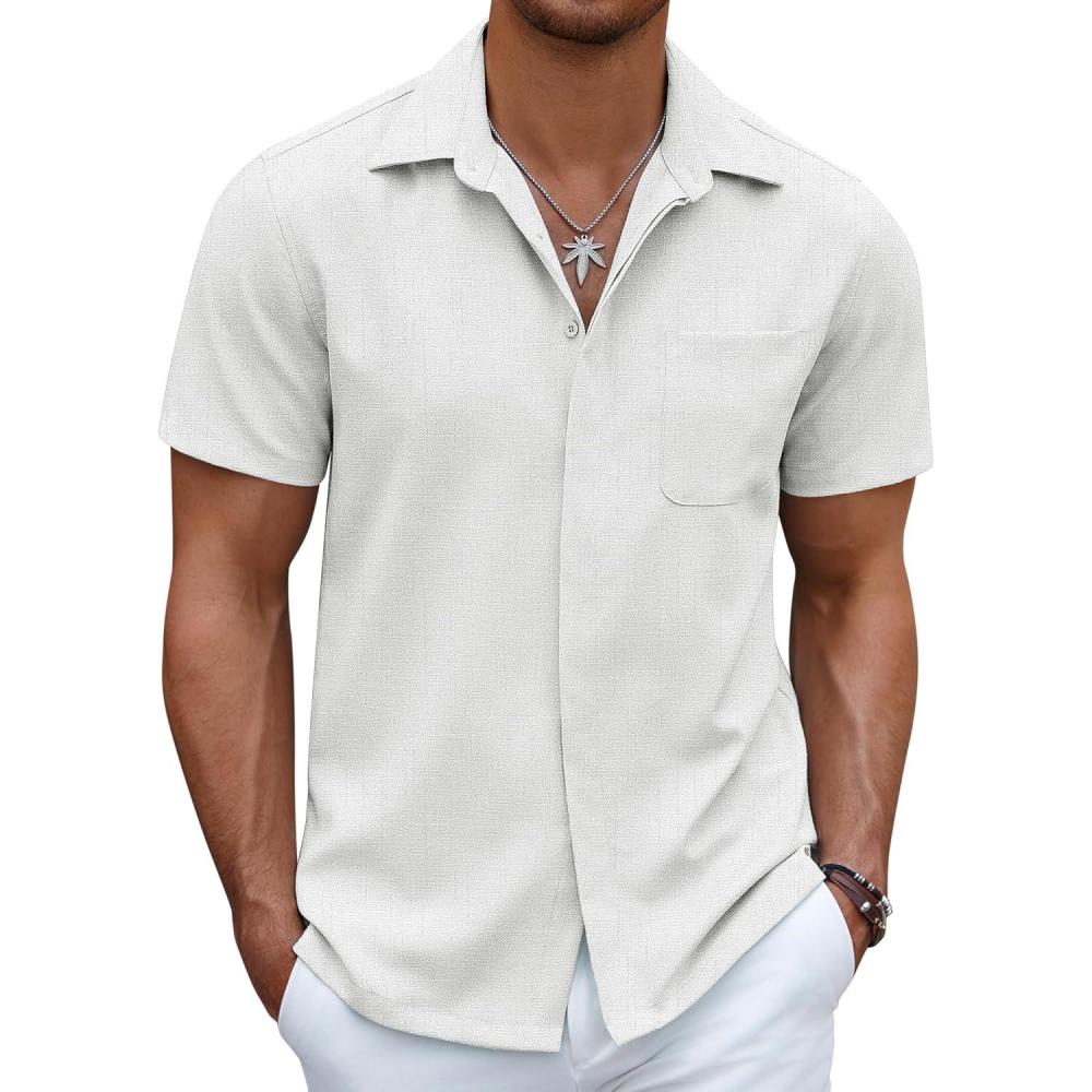 imageCOOFANDY Mens Linen Shirt Casual Short Sleeve Button Down Shirt Summer Beach Vacation Wedding WearAwhite
