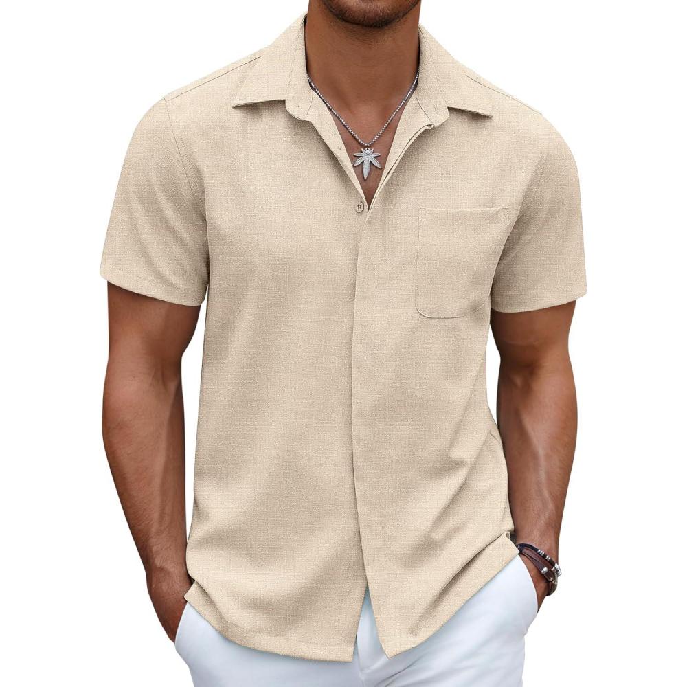 imageCOOFANDY Mens Linen Shirt Casual Short Sleeve Button Down Shirt Summer Beach Vacation Wedding WearBeige