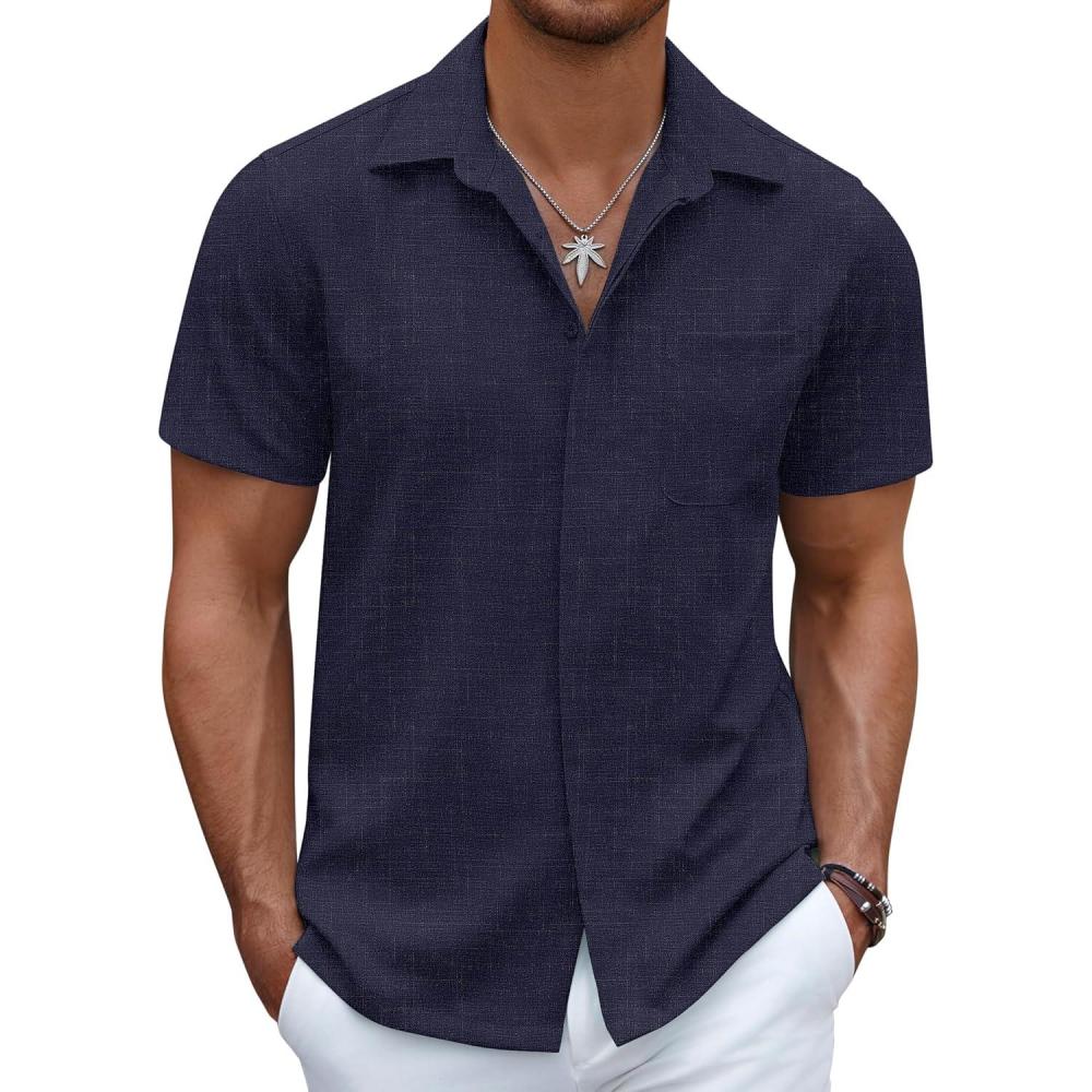 imageCOOFANDY Mens Linen Shirt Casual Short Sleeve Button Down Shirt Summer Beach Vacation Wedding WearBlueviolet