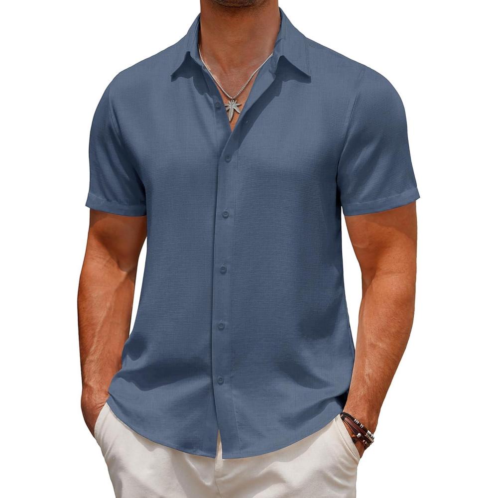 imageCOOFANDY Mens Linen Shirt Casual Short Sleeve Button Down Shirt Summer Beach Vacation Wedding WearGray Blue