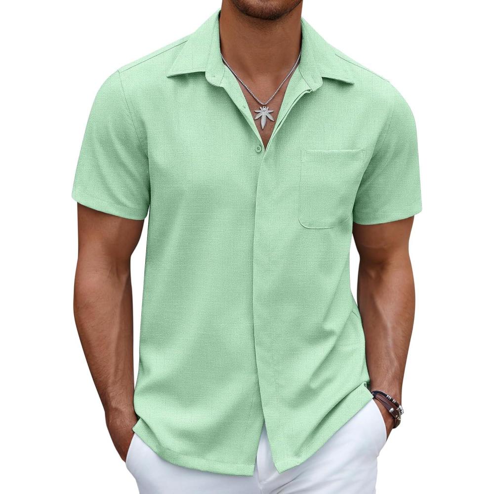 imageCOOFANDY Mens Linen Shirt Casual Short Sleeve Button Down Shirt Summer Beach Vacation Wedding WearIce Green