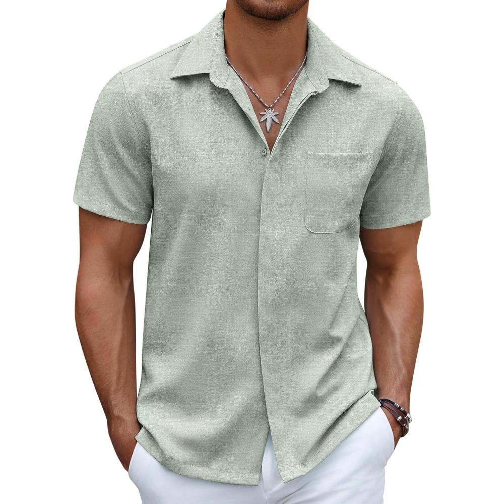 imageCOOFANDY Mens Linen Shirt Casual Short Sleeve Button Down Shirt Summer Beach Vacation Wedding WearLight Green