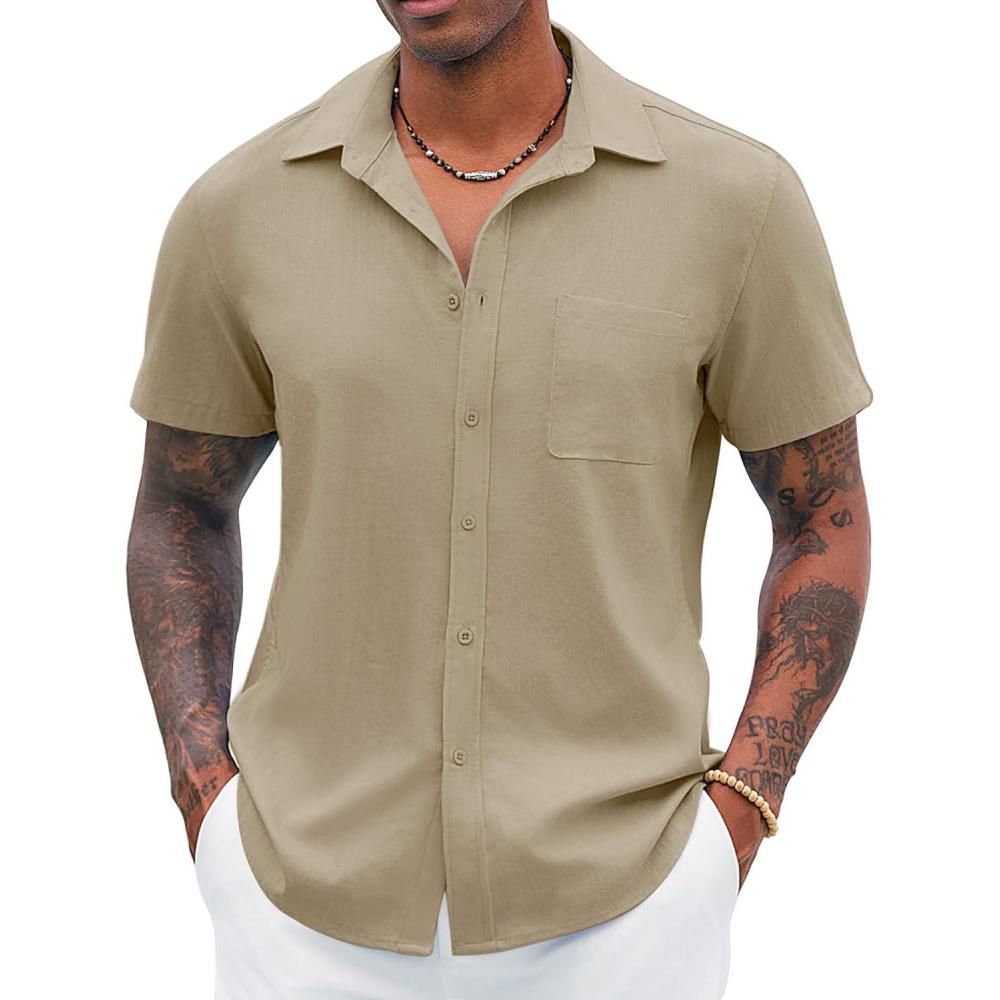 imageCOOFANDY Mens Linen Shirt Casual Short Sleeve Button Down Shirt Summer Beach Vacation Wedding WearLight Khaki