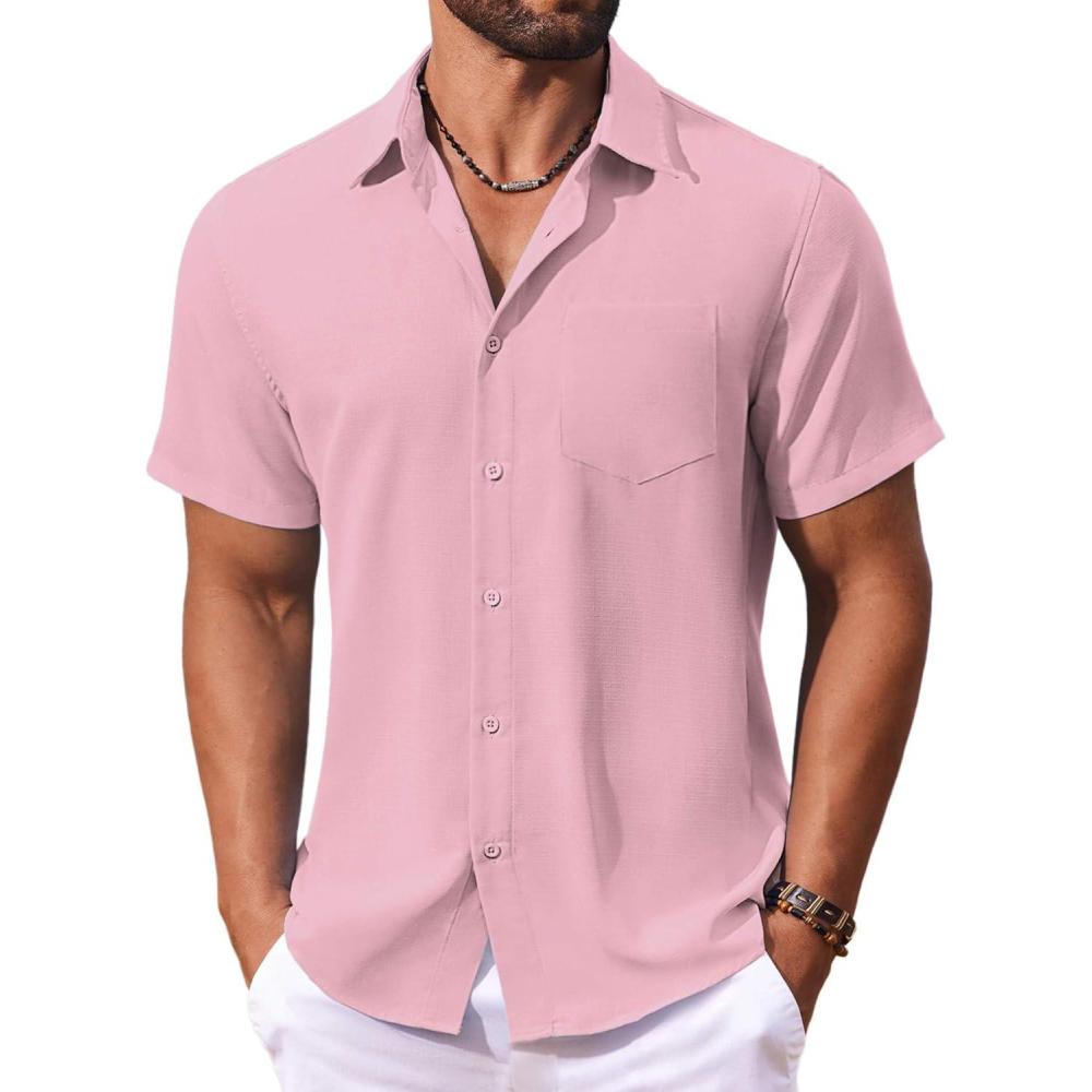 imageCOOFANDY Mens Linen Shirt Casual Short Sleeve Button Down Shirt Summer Beach Vacation Wedding WearLight Pink
