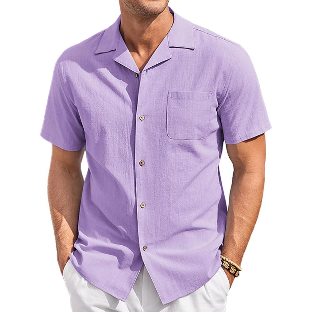 imageCOOFANDY Mens Linen Shirt Casual Short Sleeve Button Down Shirt Summer Beach Vacation Wedding WearLight Purple