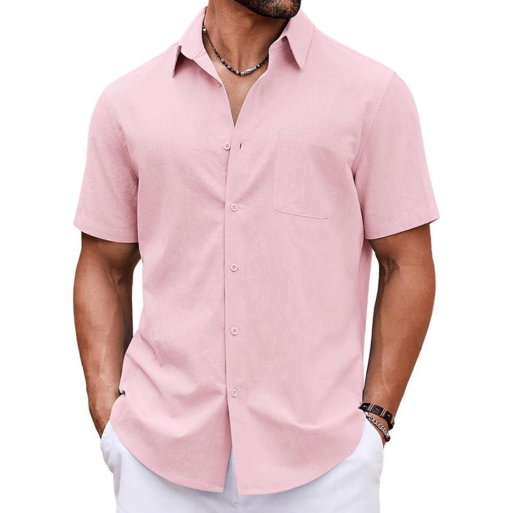 imageCOOFANDY Mens Linen Shirt Casual Short Sleeve Button Down Shirt Summer Beach Vacation Wedding WearPink