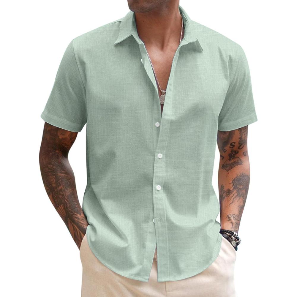 imageCOOFANDY Mens Linen Shirt Casual Short Sleeve Button Down Shirt Summer Beach Vacation Wedding WearSage Green