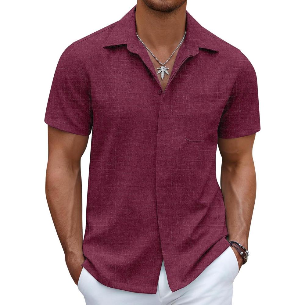 imageCOOFANDY Mens Linen Shirt Casual Short Sleeve Button Down Shirt Summer Beach Vacation Wedding WearWine Red