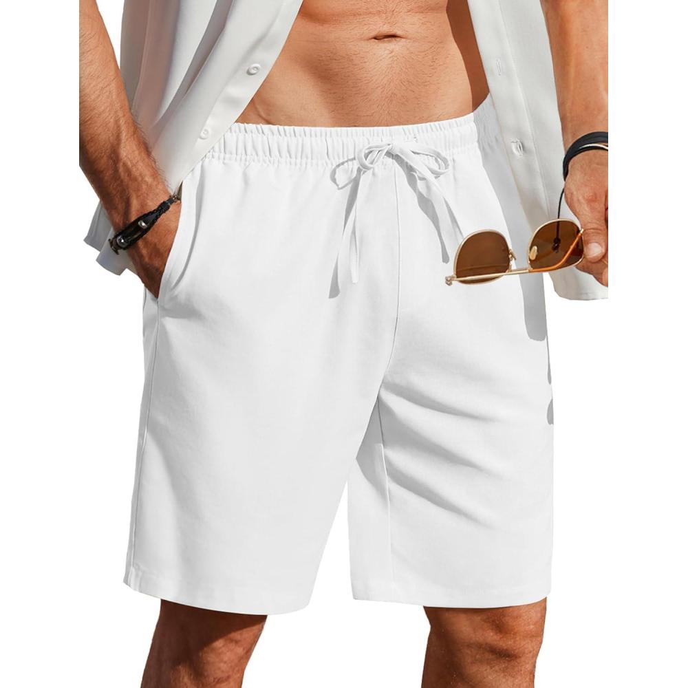 imageCOOFANDY Mens Linen Shorts Casual Beach Shorts 9 inch Inseam Elastic Waist Drawstring Summer ShortsAll White
