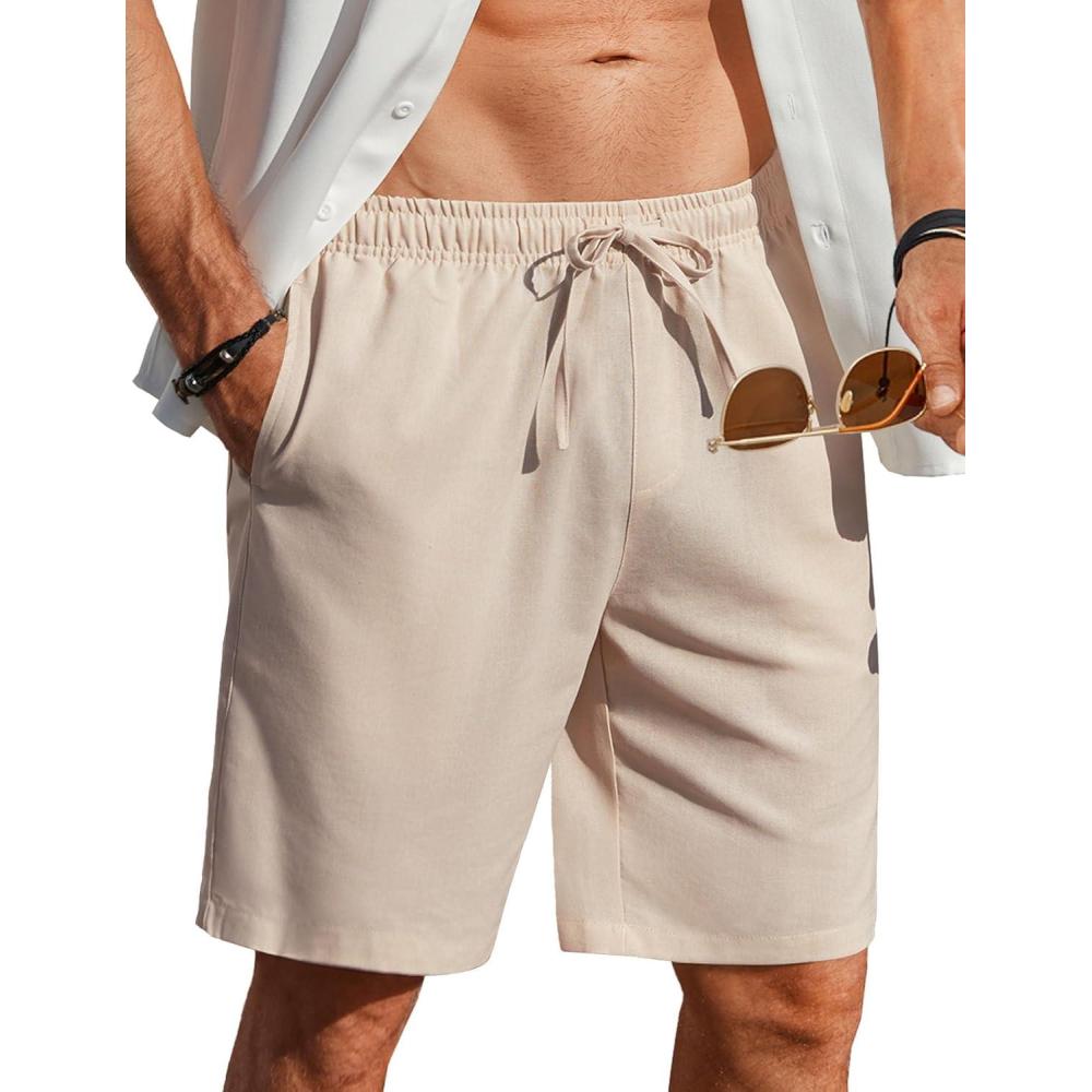 imageCOOFANDY Mens Linen Shorts Casual Beach Shorts 9 inch Inseam Elastic Waist Drawstring Summer ShortsBeige