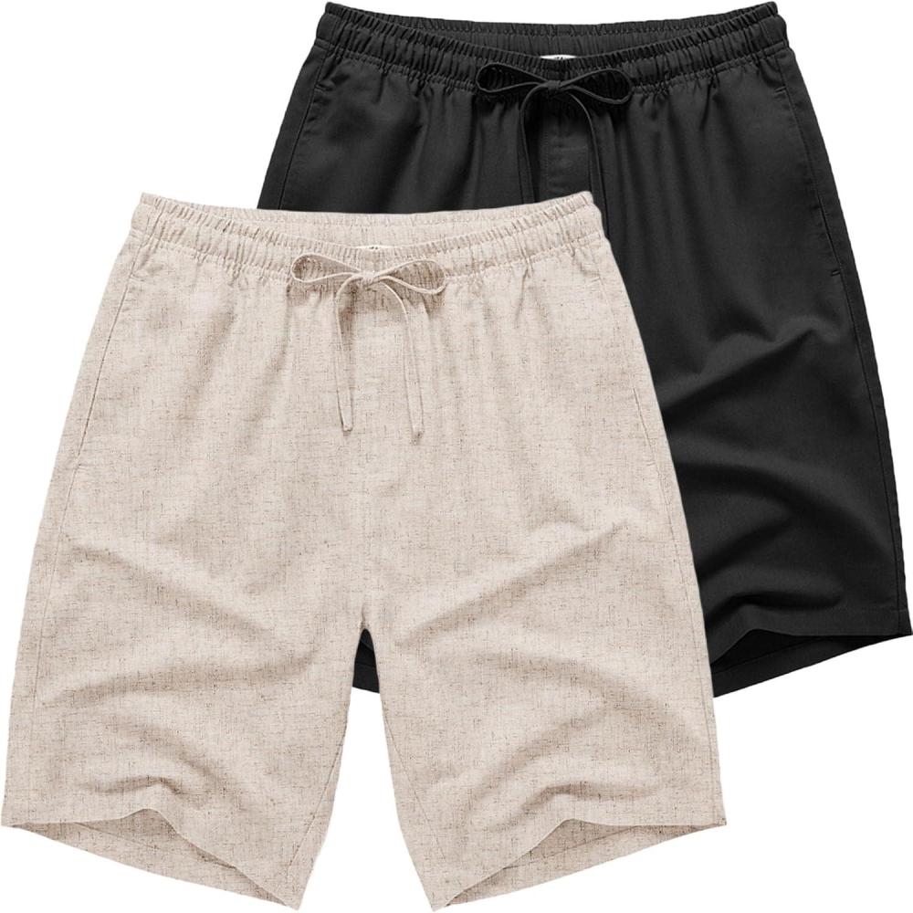 imageCOOFANDY Mens Linen Shorts Casual Beach Shorts 9 inch Inseam Elastic Waist Drawstring Summer ShortsLight KhakiBlack