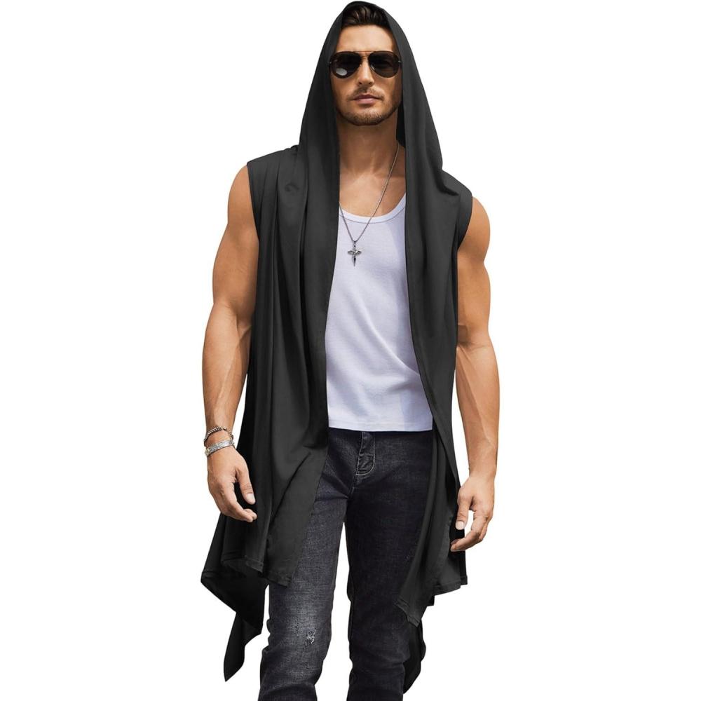 imageCOOFANDY Mens Long Hooded Cardigan Sleeveless Ruffle Shawl Collar Lightweight Open Front Drape Kimono VestBlack