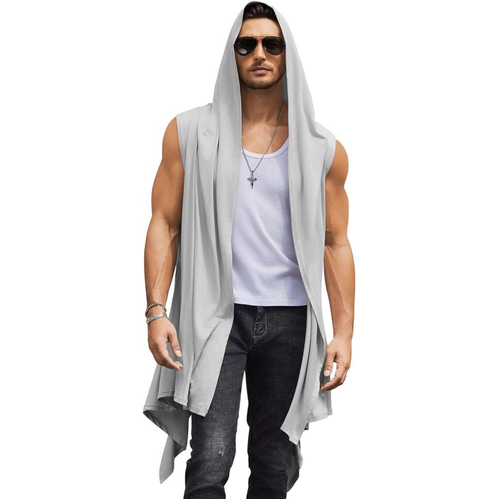 imageCOOFANDY Mens Long Hooded Cardigan Sleeveless Ruffle Shawl Collar Lightweight Open Front Drape Kimono VestLight Grey