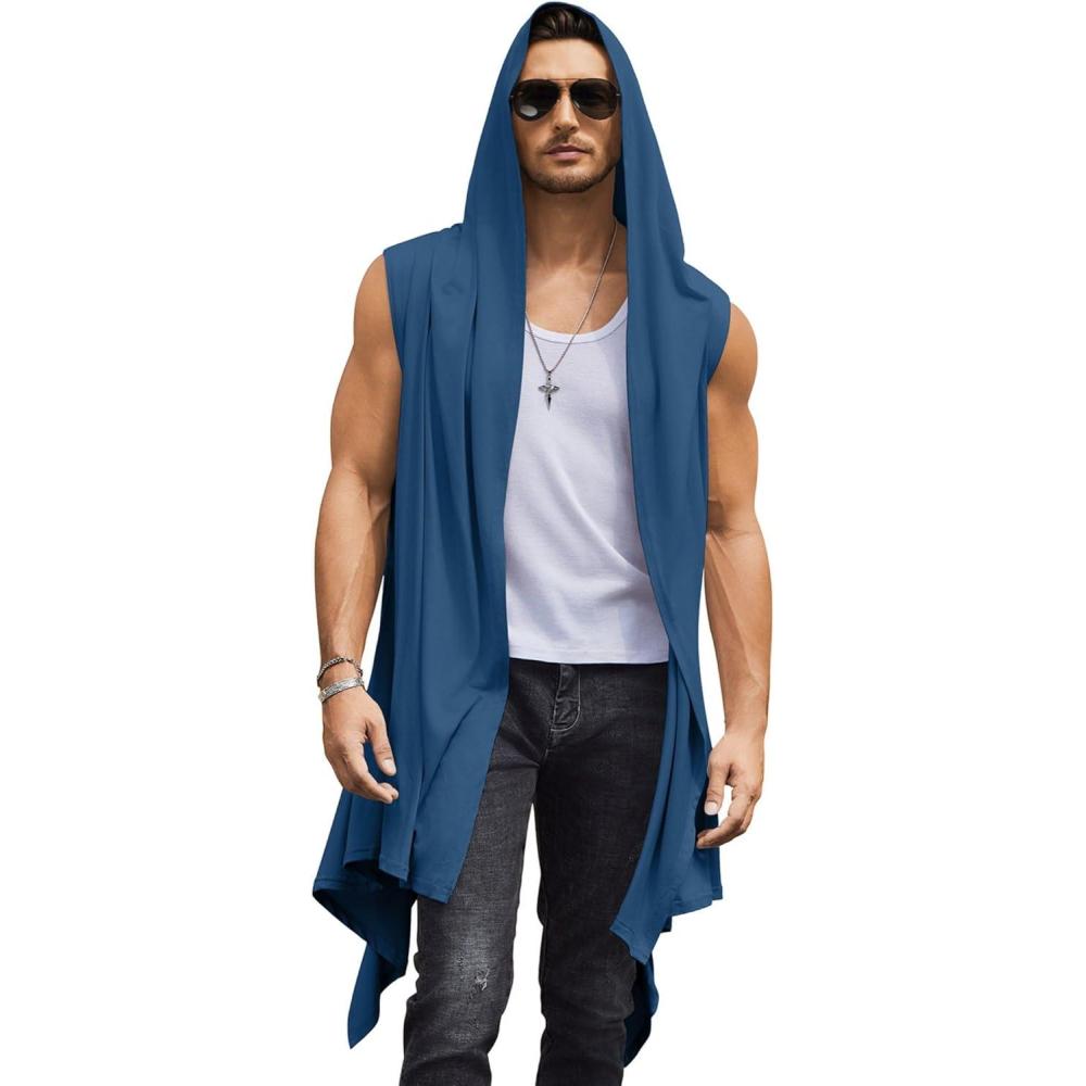 imageCOOFANDY Mens Long Hooded Cardigan Sleeveless Ruffle Shawl Collar Lightweight Open Front Drape Kimono VestNavy