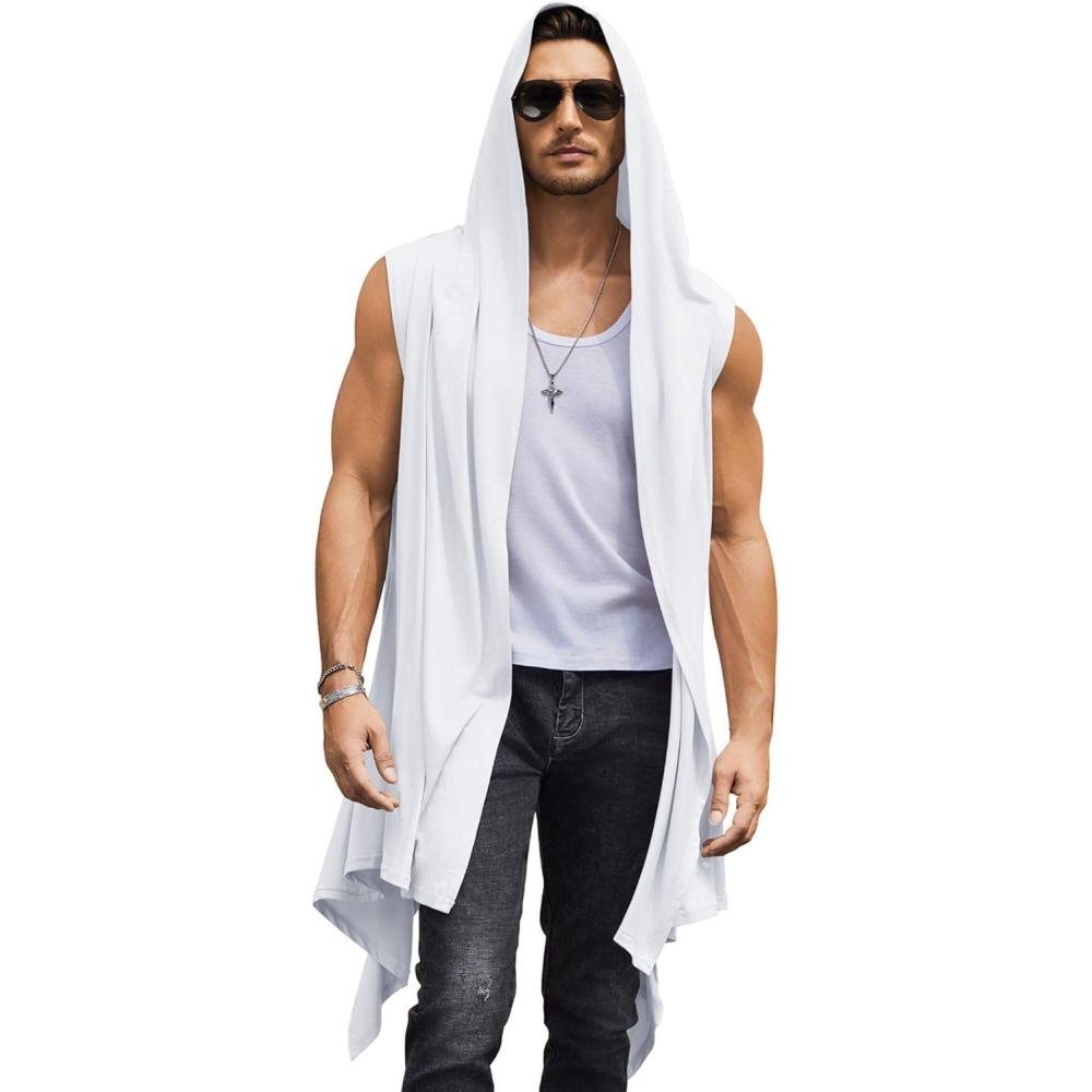 imageCOOFANDY Mens Long Hooded Cardigan Sleeveless Ruffle Shawl Collar Lightweight Open Front Drape Kimono VestWhite