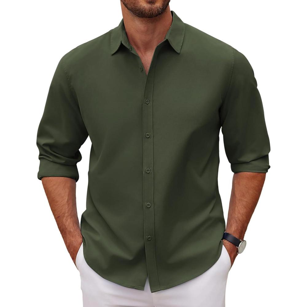 imageCOOFANDY Mens Long Sleeve Button Down Shirts Casual Untucked Dress Shirt Beach Wedding ShirtsArmy Green