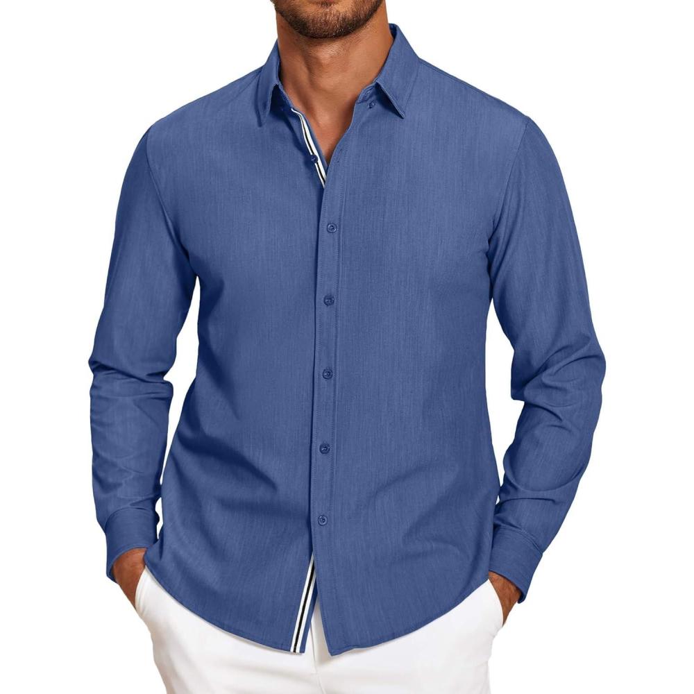 imageCOOFANDY Mens Long Sleeve Button Down Shirts Casual Untucked Dress Shirt Beach Wedding ShirtsDenim Blue
