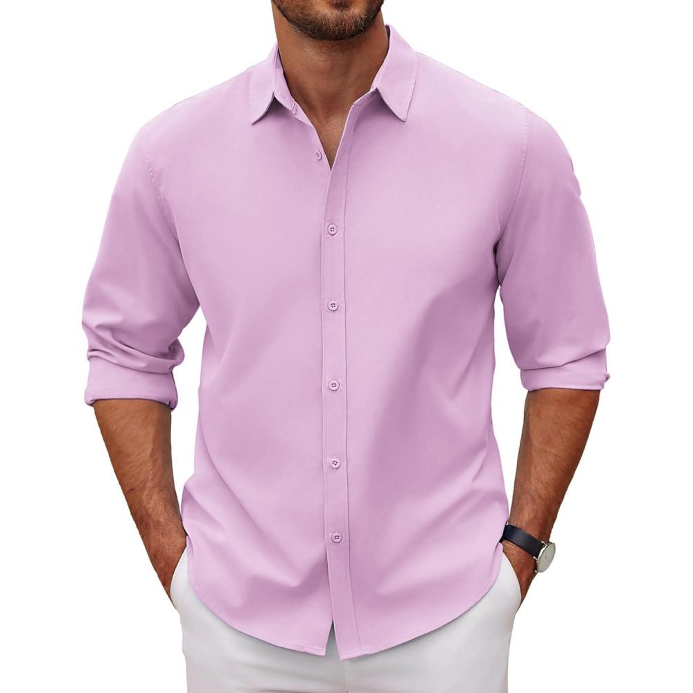 imageCOOFANDY Mens Long Sleeve Button Down Shirts Casual Untucked Dress Shirt Beach Wedding ShirtsLavender