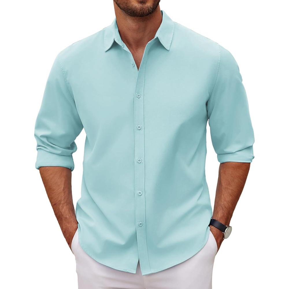 imageCOOFANDY Mens Long Sleeve Button Down Shirts Casual Untucked Dress Shirt Beach Wedding ShirtsPale Bue
