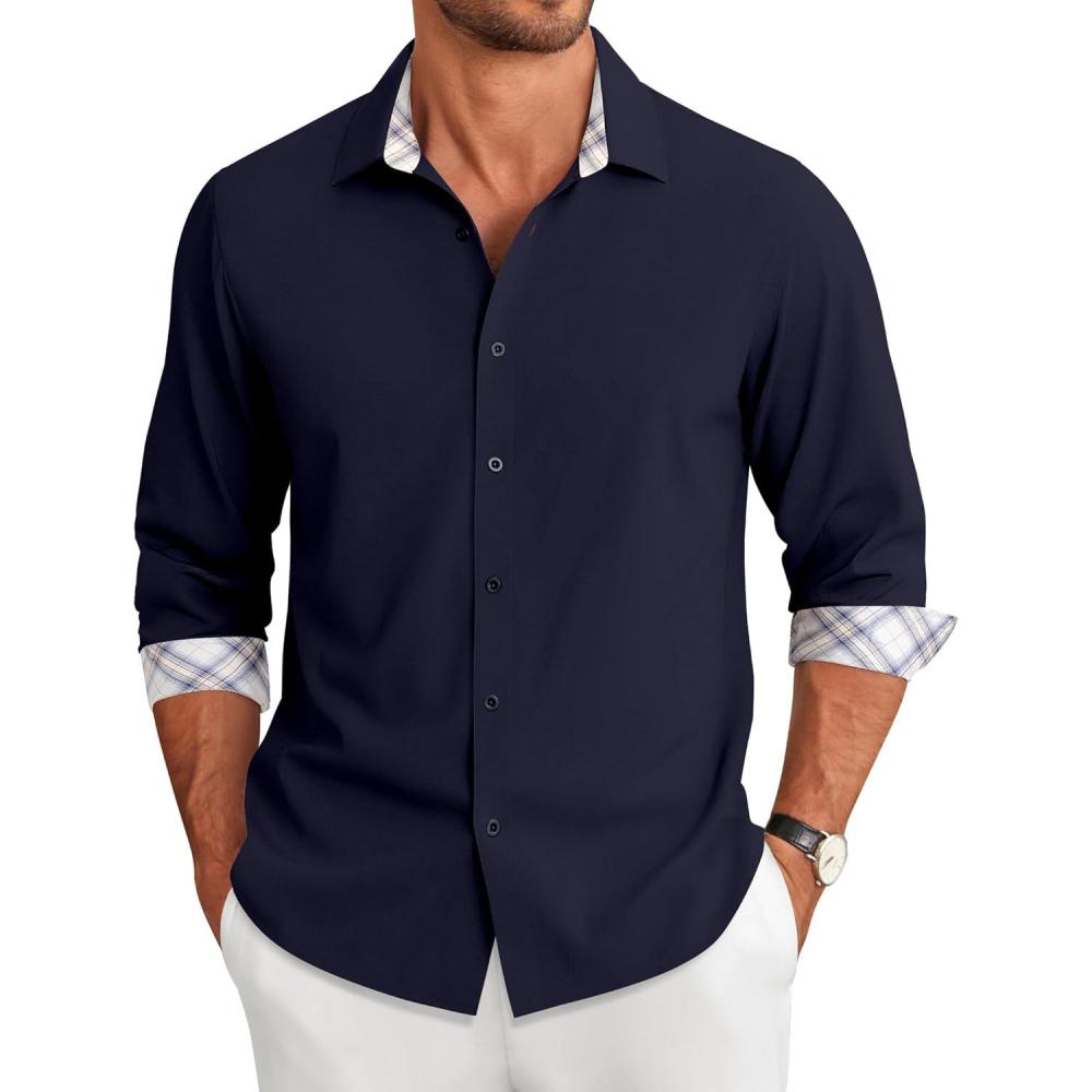 imageCOOFANDY Mens Long Sleeve Button Down Shirts Casual Untucked Shirt Regular Fit Dress ShirtDark Blue