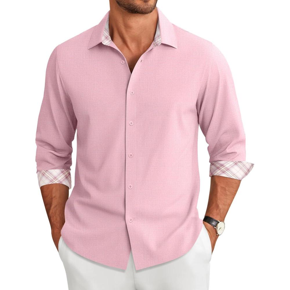 imageCOOFANDY Mens Long Sleeve Button Down Shirts Casual Untucked Shirt Regular Fit Dress ShirtPink