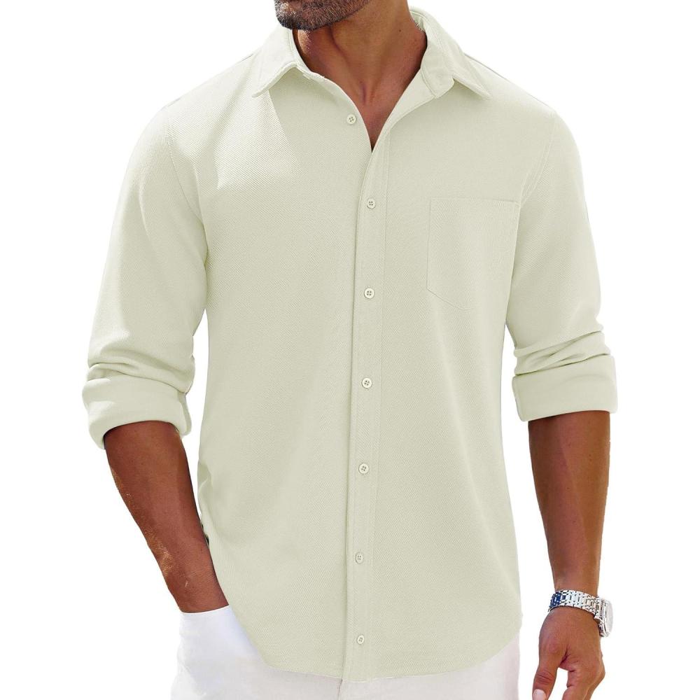 imageCOOFANDY Mens Long Sleeve Button Down Shirts Wrinkle Free Shacket Jacket Stretch Casual OvershirtBeige