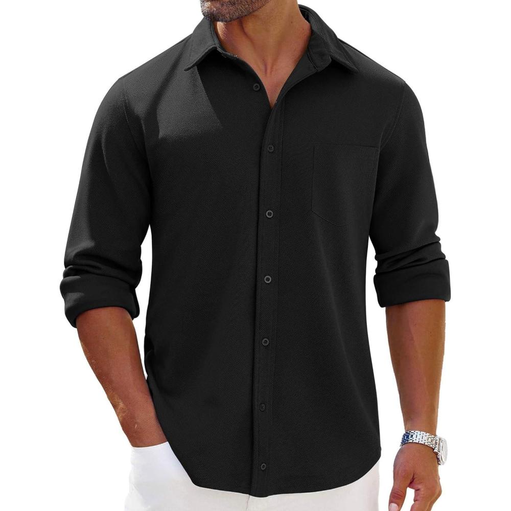 imageCOOFANDY Mens Long Sleeve Button Down Shirts Wrinkle Free Shacket Jacket Stretch Casual OvershirtBlack