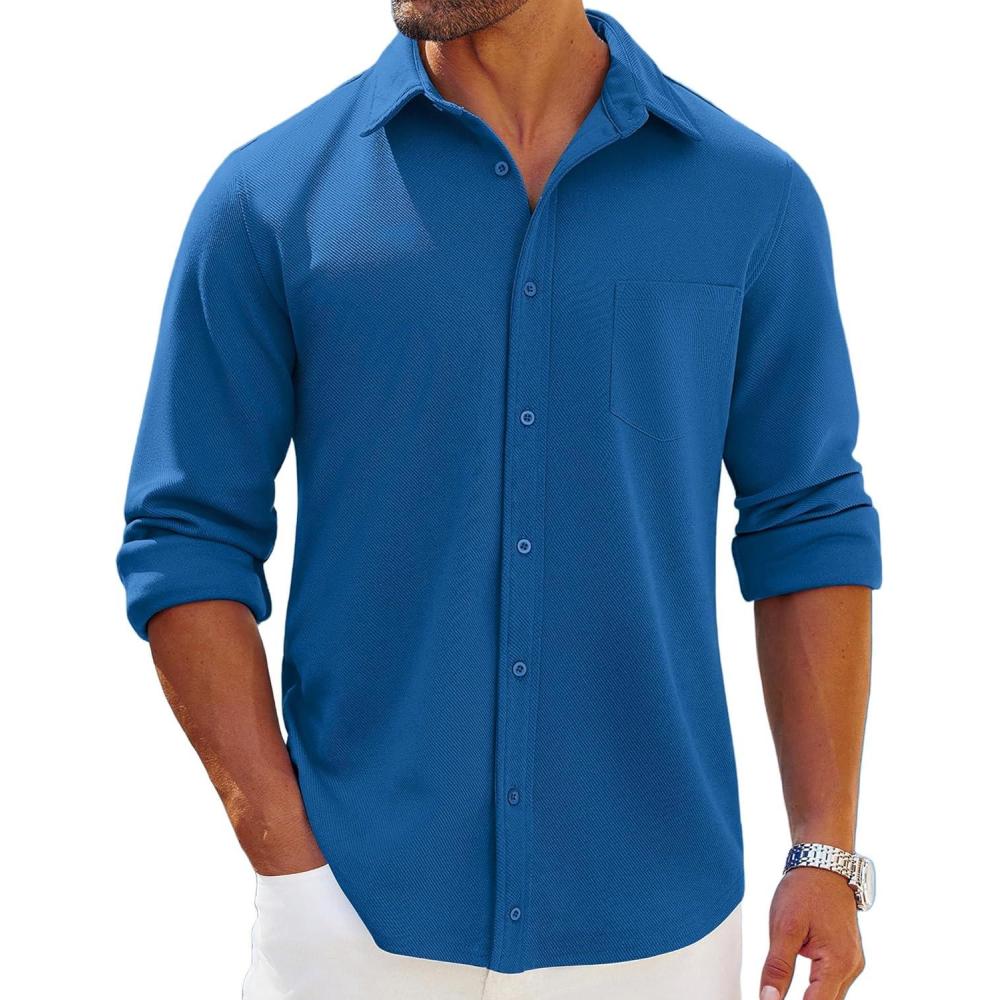 imageCOOFANDY Mens Long Sleeve Button Down Shirts Wrinkle Free Shacket Jacket Stretch Casual OvershirtBlue