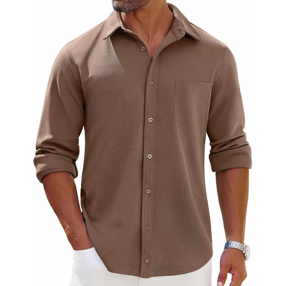 imageCOOFANDY Mens Long Sleeve Button Down Shirts Wrinkle Free Shacket Jacket Stretch Casual OvershirtBrown
