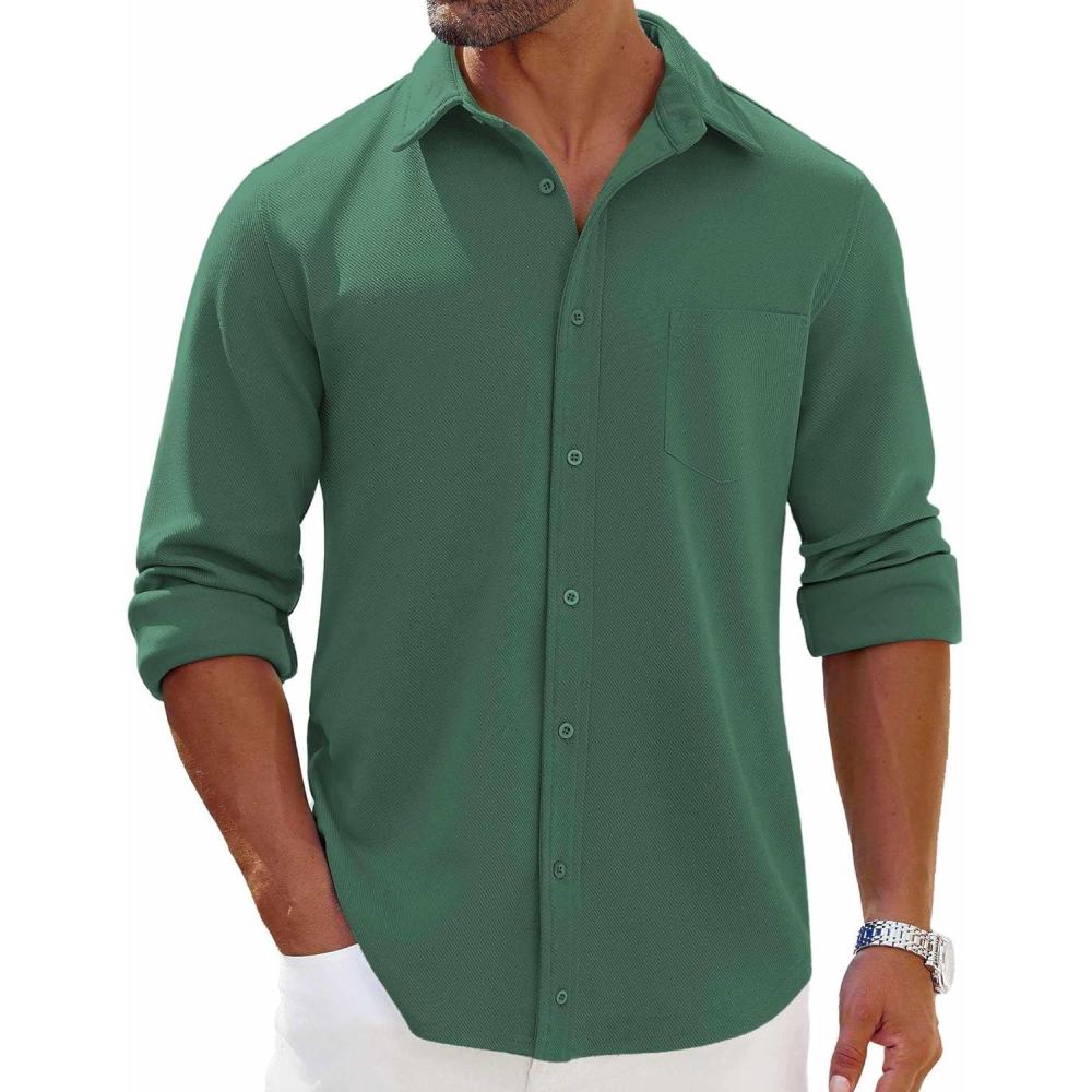 imageCOOFANDY Mens Long Sleeve Button Down Shirts Wrinkle Free Shacket Jacket Stretch Casual OvershirtGreen
